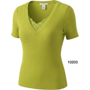 August Silk Knit Top Womens L Yellow Cotton Stretch Ribbed V Neck Short Sleeve
